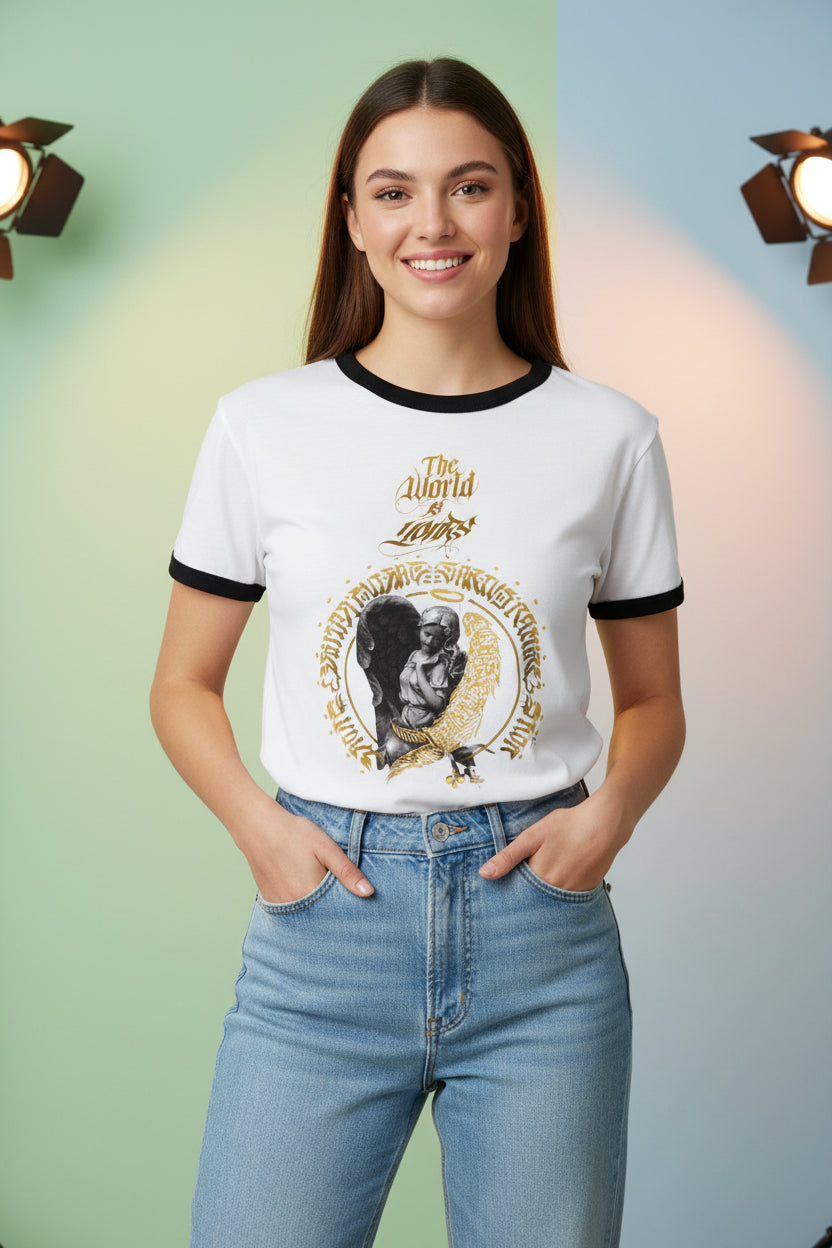 ZotRage white cotton ringer t-shirt featuring a gold angel graphic and black ribbed neck and sleeve trim.