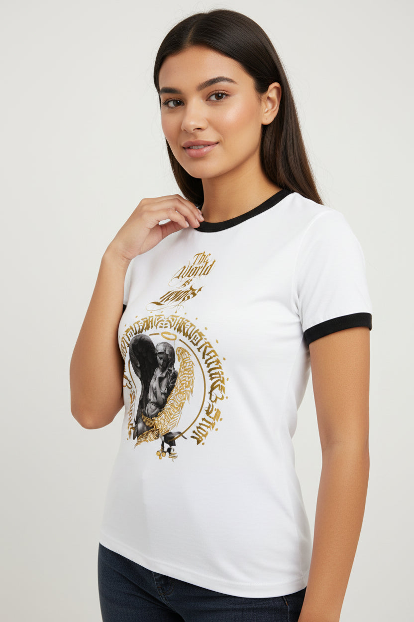 ZotRage white cotton ringer t-shirt with black ribbed neck and sleeves featuring a golden angel graphic print