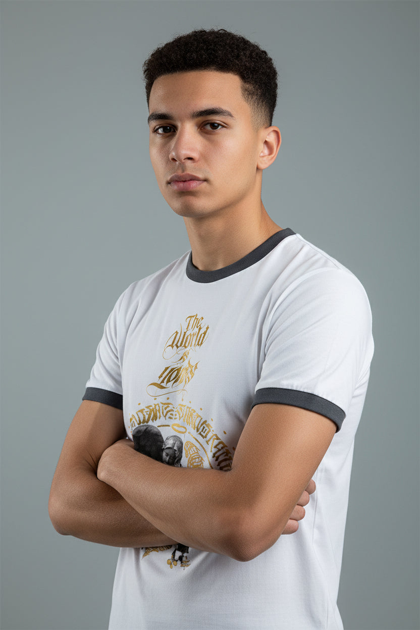 ZotRage white cotton ringer t-shirt with black ribbed neck and sleeves featuring a golden angel graphic print