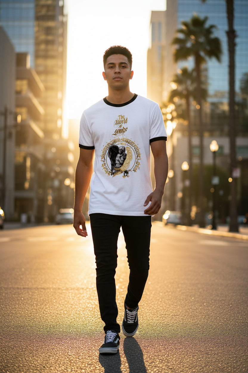 ZotRage white cotton ringer t-shirt with black ribbed neck and sleeves featuring a gold angel graphic print