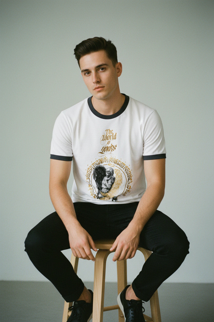ZotRage white cotton ringer t-shirt with black ribbed neck and sleeves featuring a golden angel graphic print.