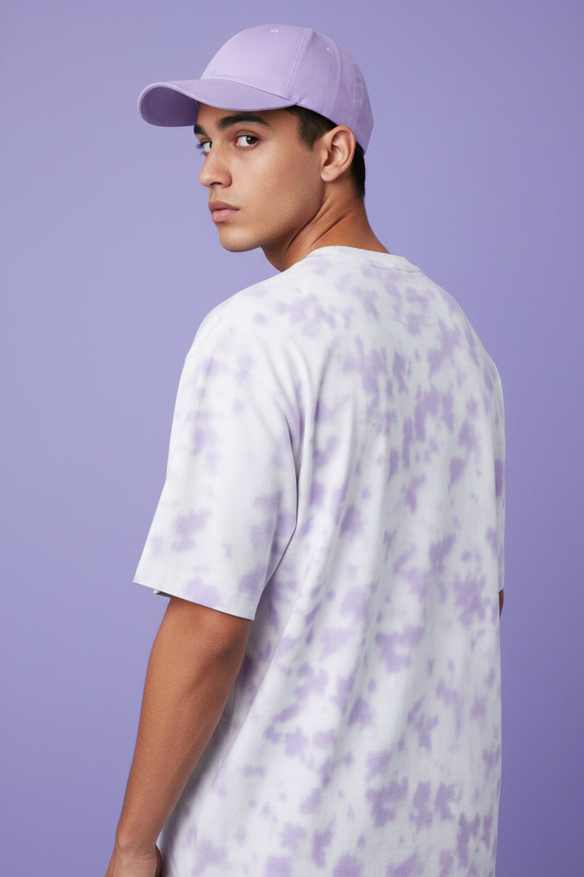 ZotRage oversized unisex t-shirt in white and lavender tie-dye cotton blend fabric, back view