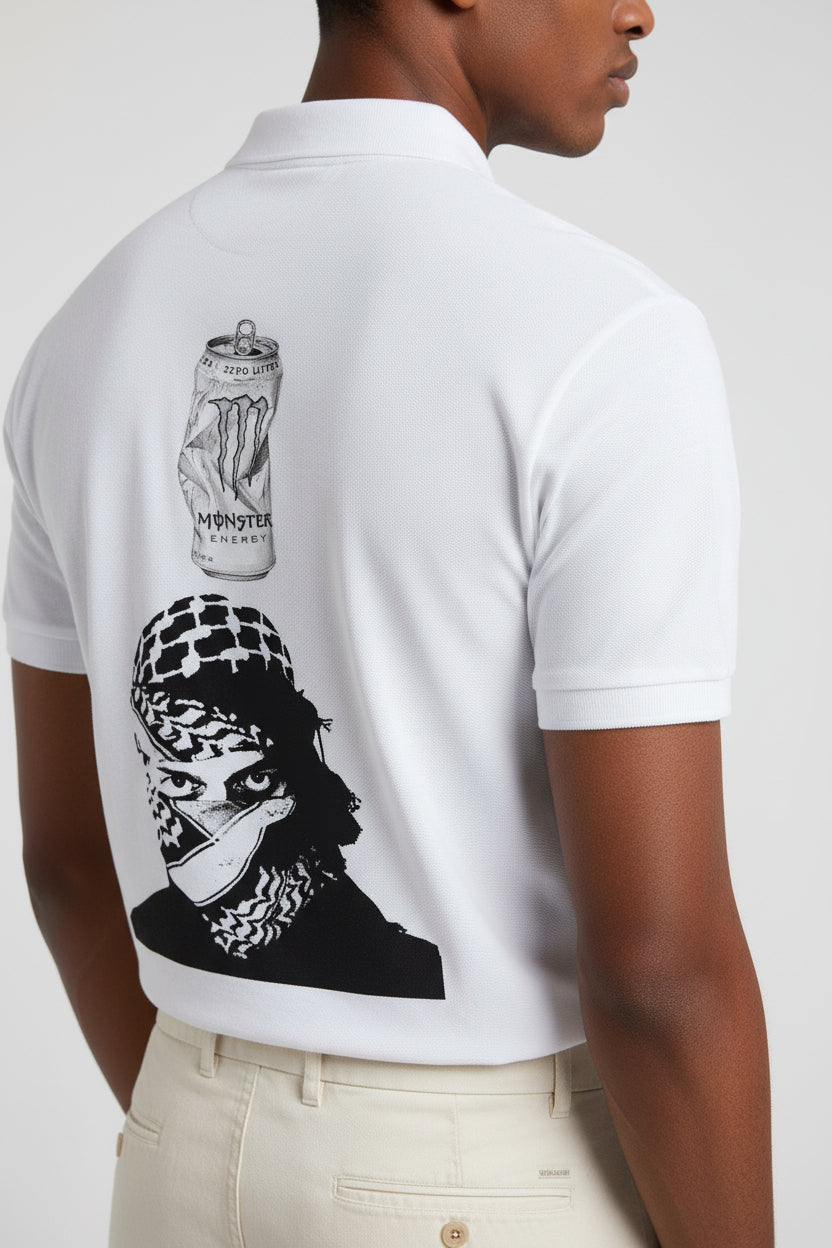 ZotRage white cotton polo shirt featuring a back graphic of a masked figure and a Monster Energy can