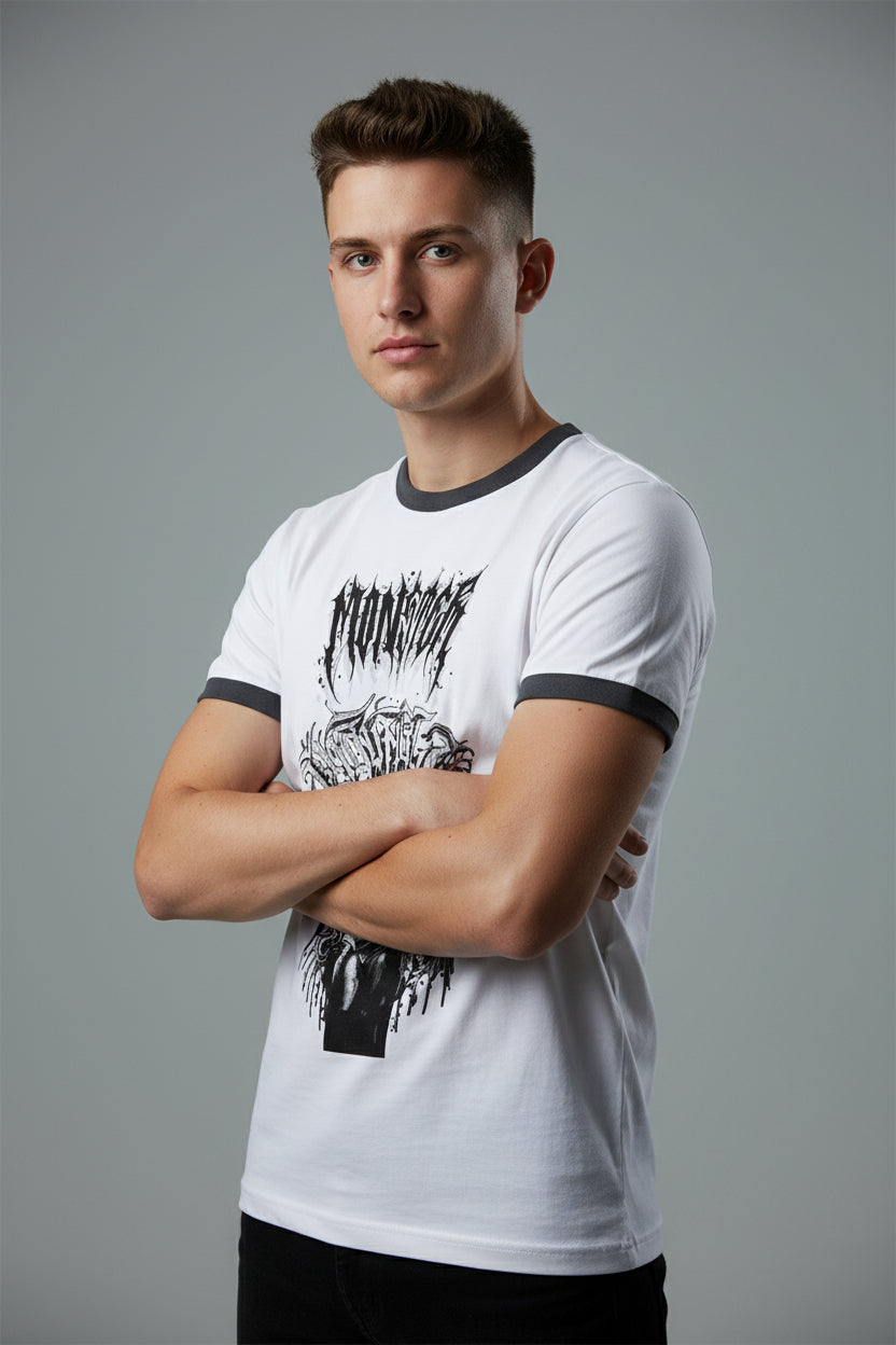 ZotRage white unisex ringer t-shirt in 100% cotton with a black ribbed neck and gothic monster graphic print