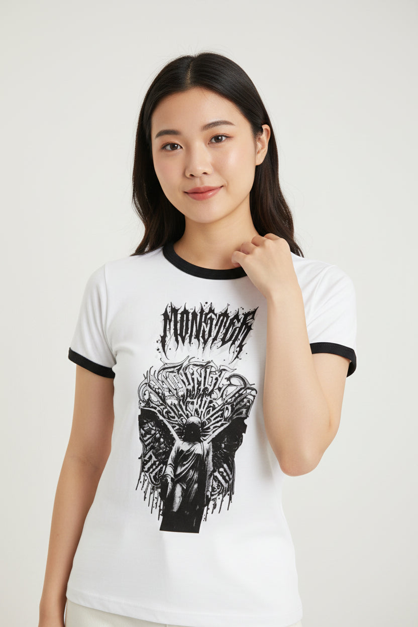 ZotRage white cotton ringer t-shirt with black ribbed neck and sleeves featuring a gothic Monster graphic print