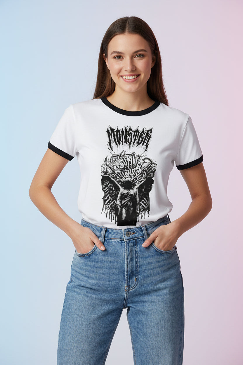 ZotRage white cotton ringer t-shirt with black ribbed neck and sleeves featuring a gothic Monster graphic print