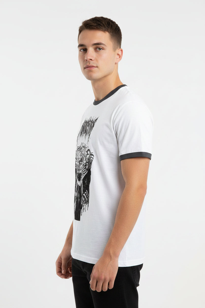 ZotRage white cotton ringer t-shirt with black ribbed neck and sleeves featuring a gothic Monster graphic print
