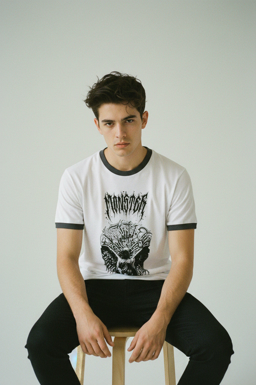ZotRage white cotton ringer t-shirt with black ribbed neck and sleeves featuring a gothic Monster graphic print