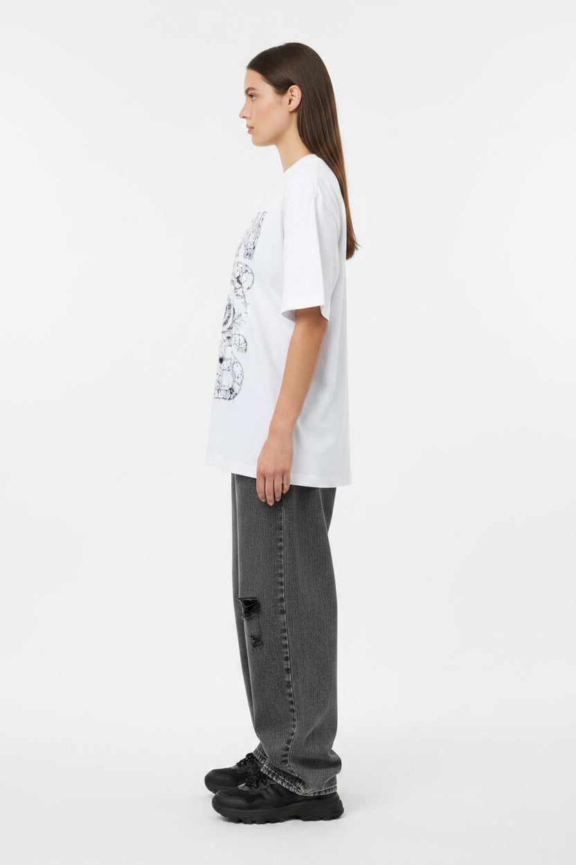 ZotRage white oversized cotton t-shirt featuring a detailed graphic of an eye and the text Open Your Eyes