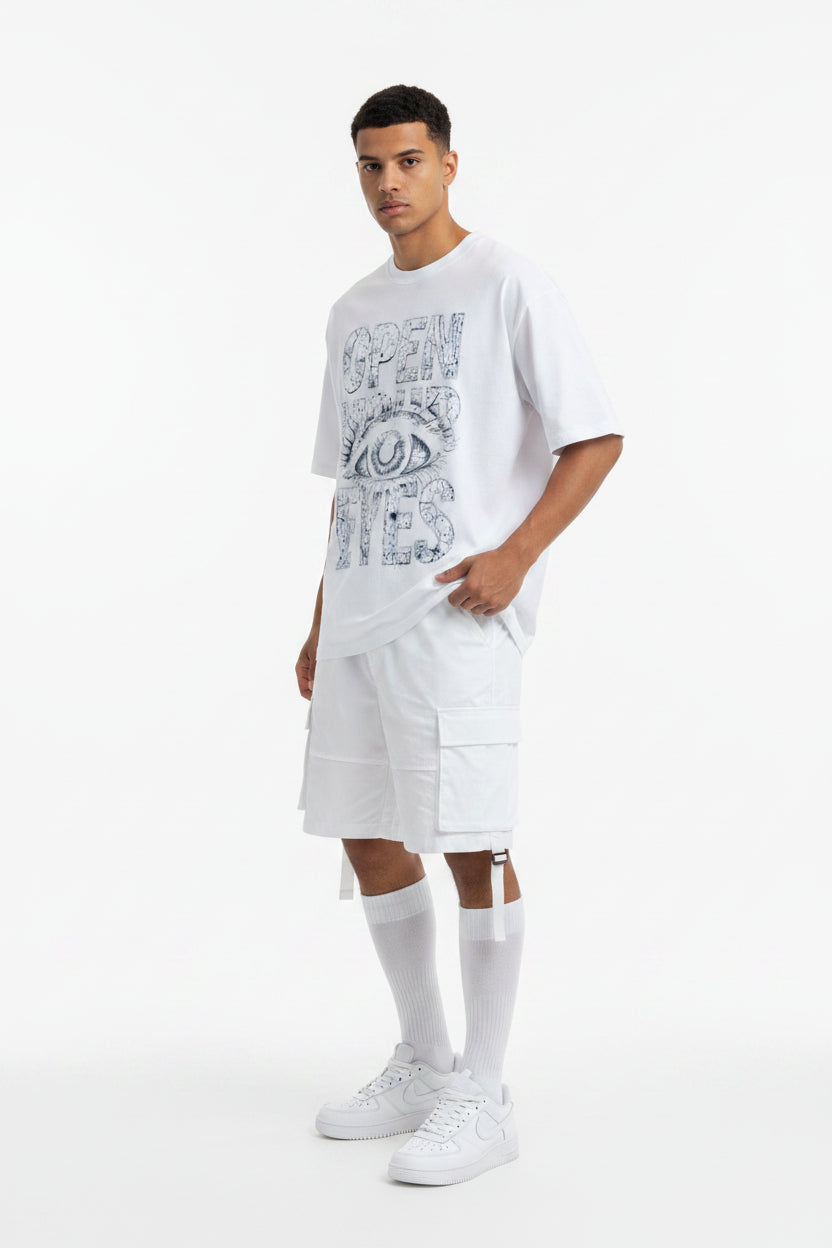 ZotRage white oversized cotton t-shirt featuring a detailed Open Eyes graphic print with celestial constellation art.