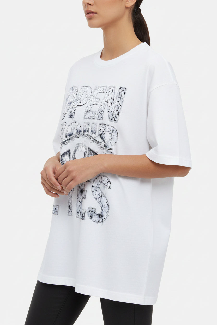 ZotRage white oversized cotton t-shirt featuring a detailed graphic print of an eye and the text Open Your Eyes