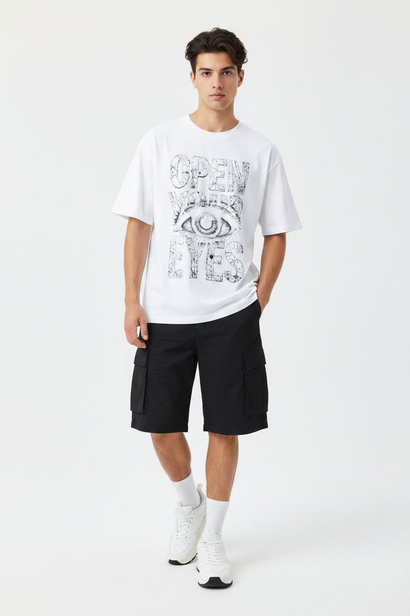 ZotRage white oversized cotton t-shirt featuring a detailed graphic print of an eye and the text Open Your Eyes