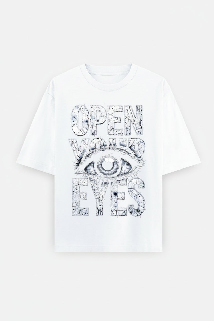 ZotRage white oversized cotton t-shirt featuring a detailed graphic print of an eye and the text Open Your Eyes.