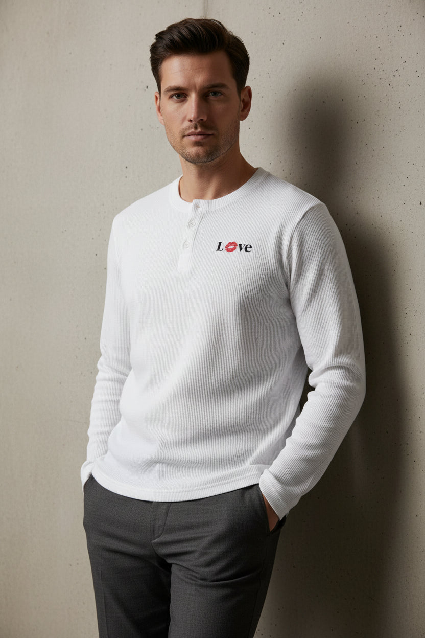 ZotRage off-white waffle knit henley shirt with long sleeves and Love graphic featuring a red kiss print
