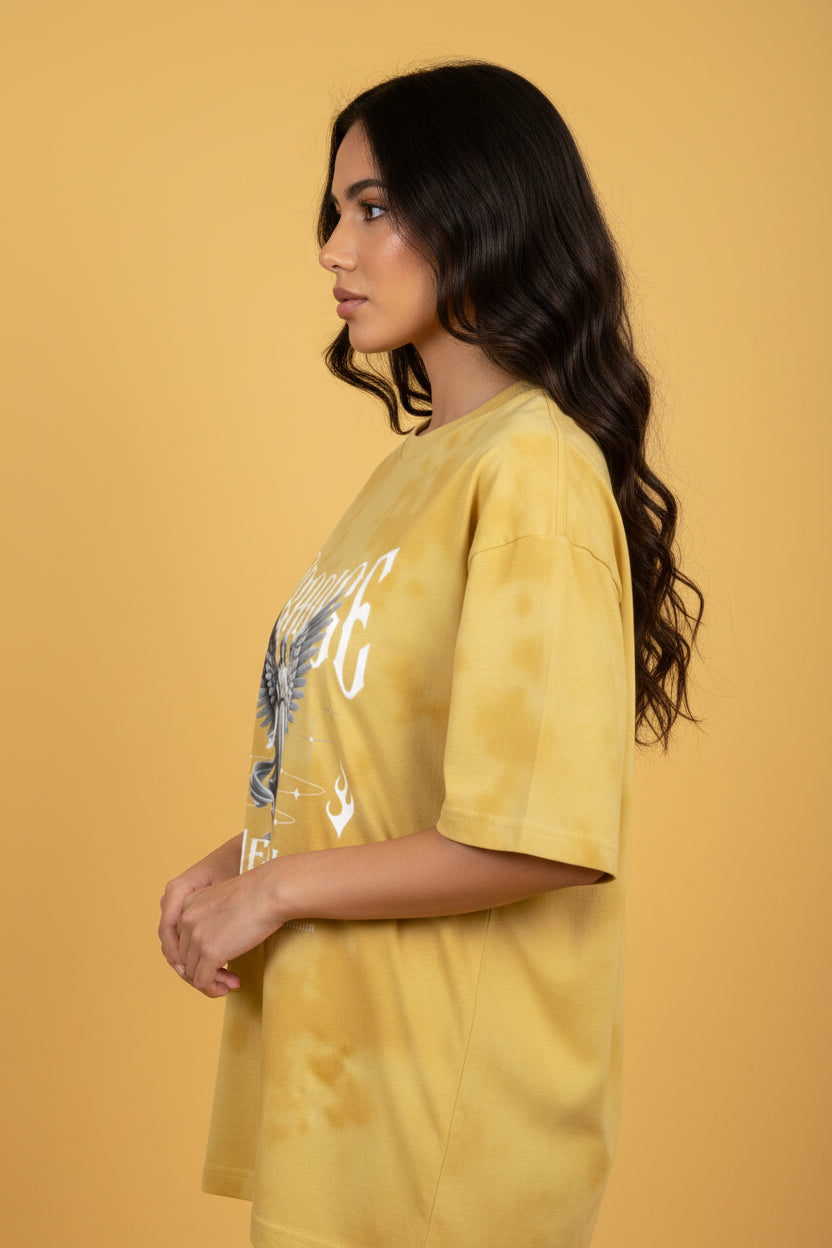 ZotRage yellow tie-dye oversized cotton-blend t-shirt featuring a graphic angel print and Paradise Heaven text.