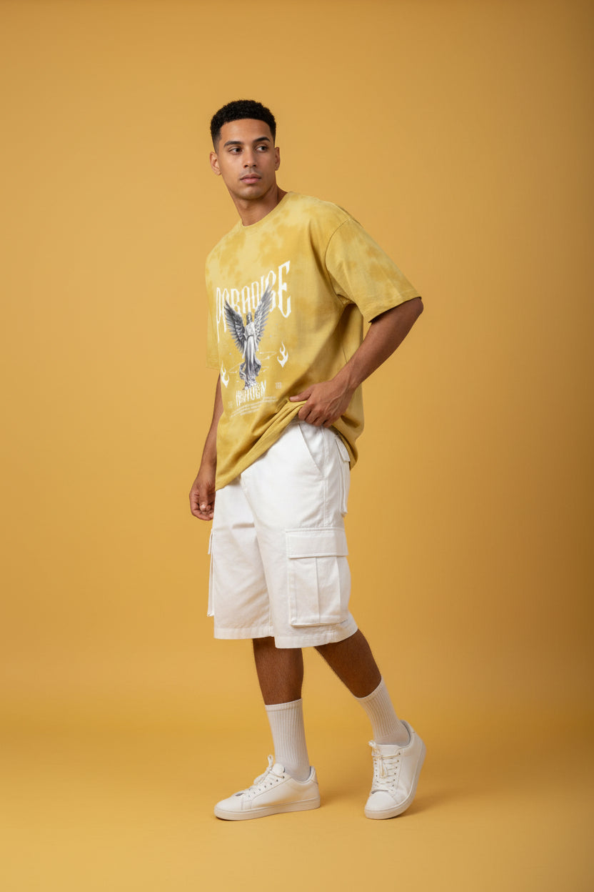 ZotRage yellow tie-dye oversized cotton-blend t-shirt featuring a graphic print of an angel with wings and text